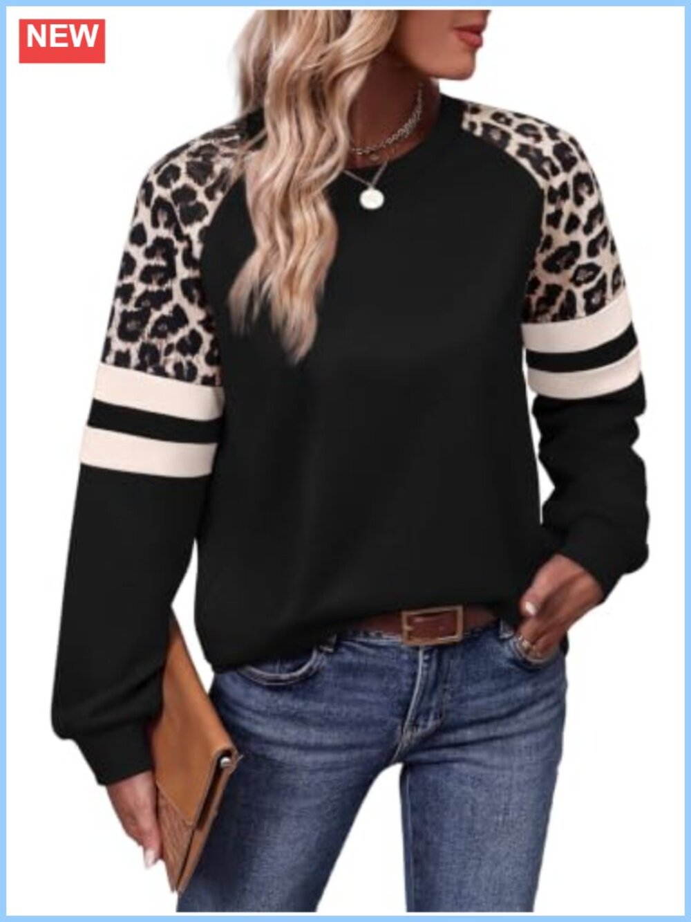 Womens Crewneck Sweatshirt Color Block Leopard Sleeve Loose Fit Tunic Top